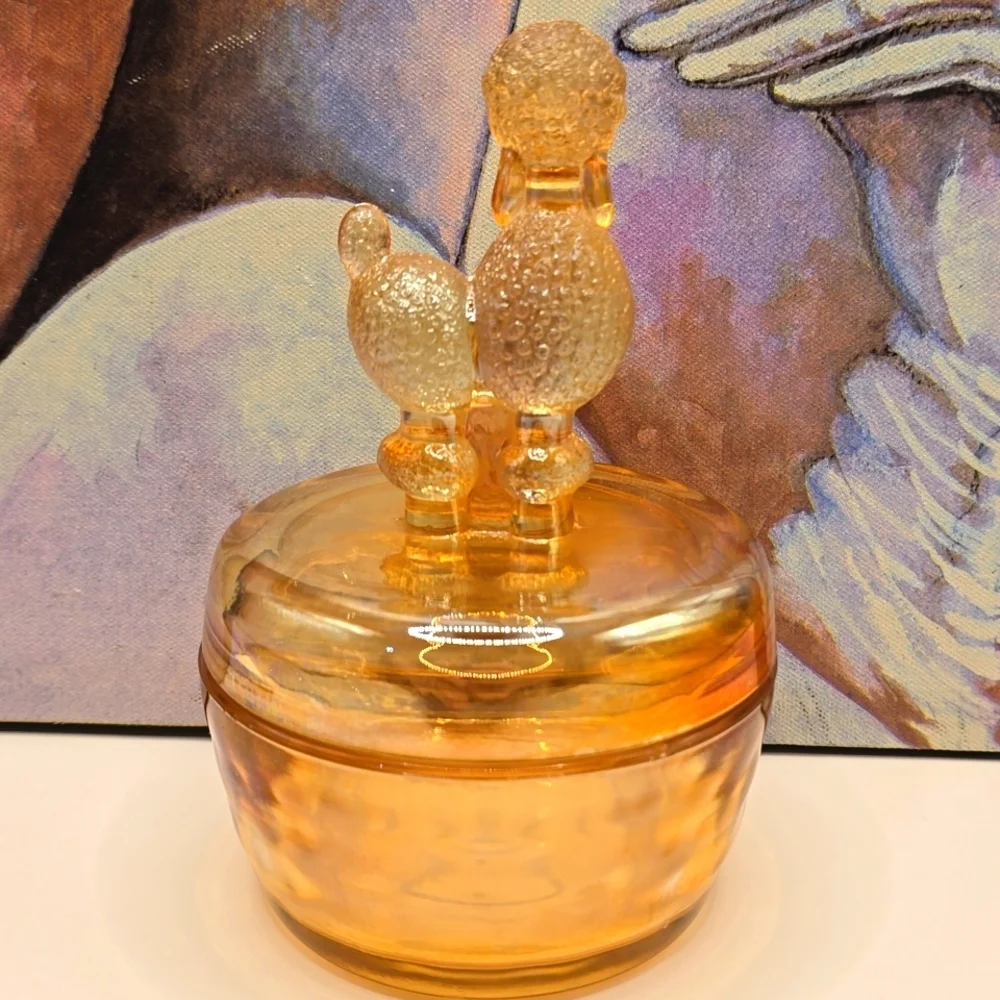 Vintage Lustre Marigold Carnival Glass Jeannette French Poodle Trinket Box Dish